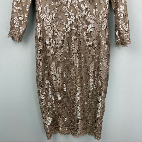 Tadashi Shoji Cocktail Dress Sequin Lace Embroidery Appliquéd Sand Beige Sz 8 - Picture 3 of 15